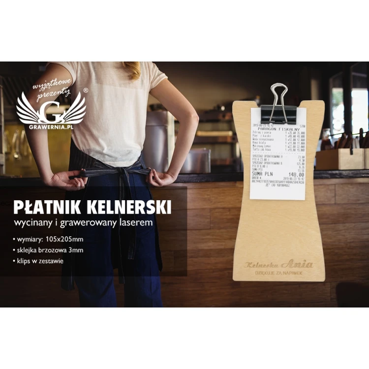 Drewniany płatnik kelnerski - dowolny grawer laserem - MEN020
