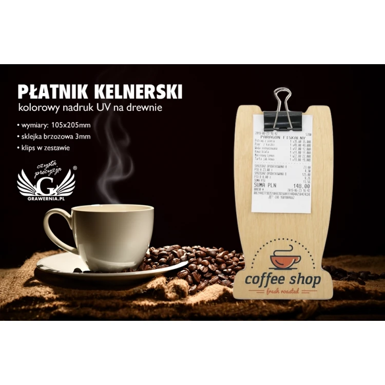 Drewniany płatnik kelnerski - dowolny nadruk UV - MEN022
