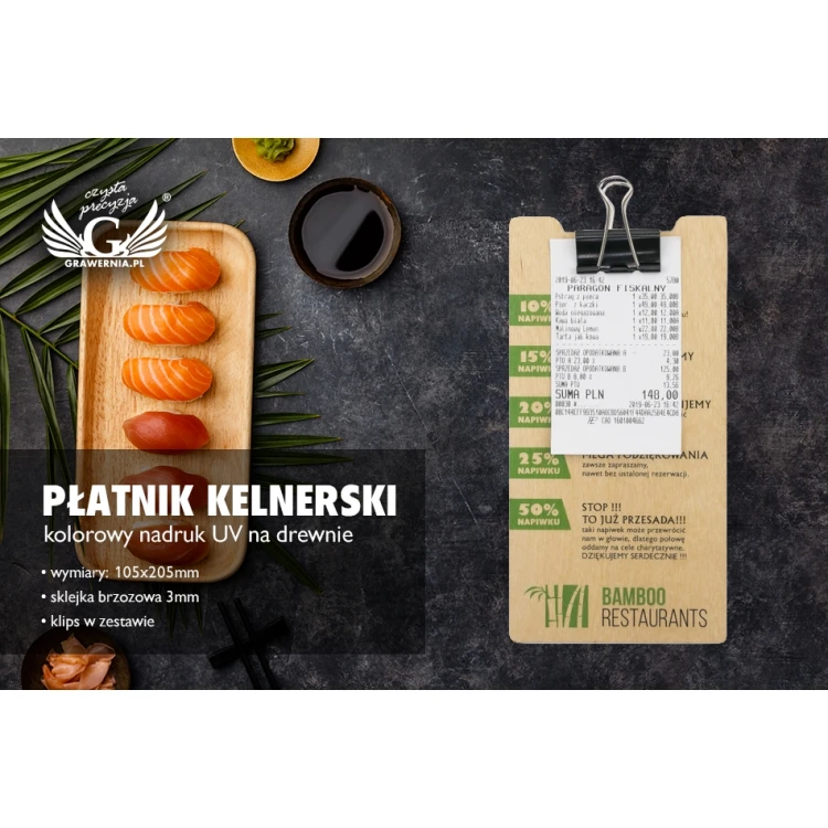 Drewniany płatnik kelnerski - dowolny nadruk UV - MEN023
