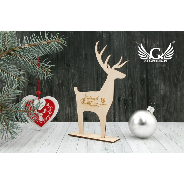 Drewniany renifer z dowolnym grawerem - wys. 18cm - DEK008