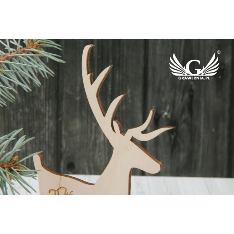 Drewniany renifer z dowolnym grawerem - wys. 18cm - DEK008