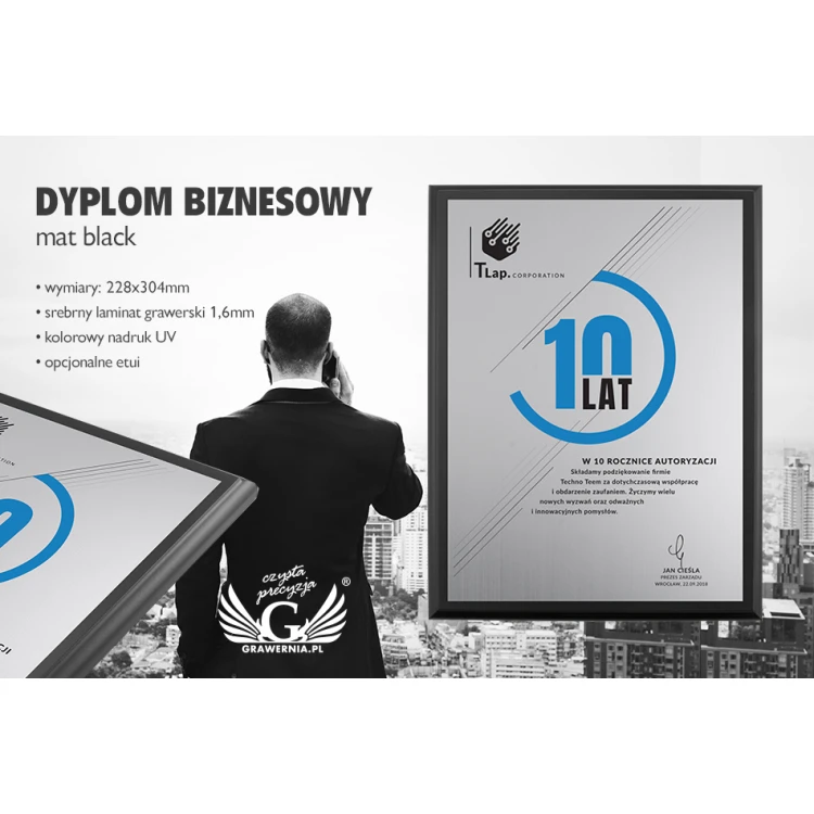 Dyplom biznesowy - srebrny laminat grawerski - podkład czarny mat - DUV030
