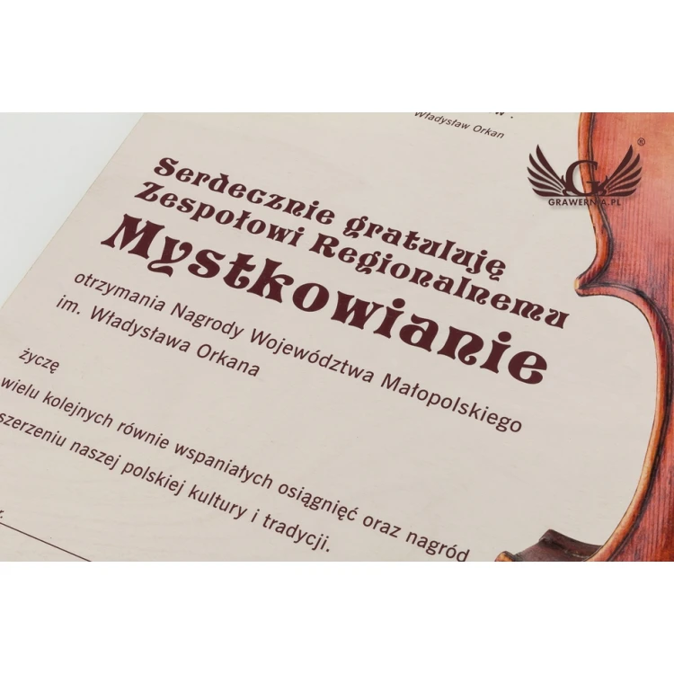 Dyplom drewniany dla skrzypka, zespołu muzycznego - 420x300mm - kolorowy druk UV - NAT020