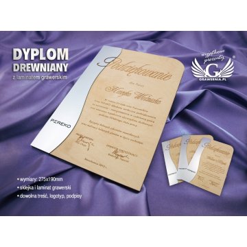 Dyplom drewniany grawerowany z laminatem - wymiary 275x190mm - DRE001