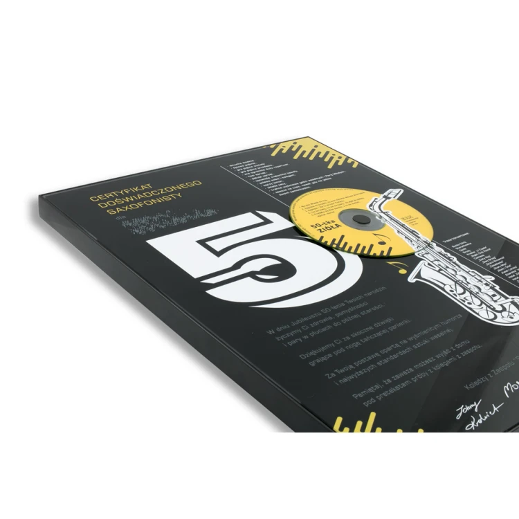 Dyplom jubileuszowy dla muzyka - exclusive black glass - wymiary: 400x300mm - DUV059