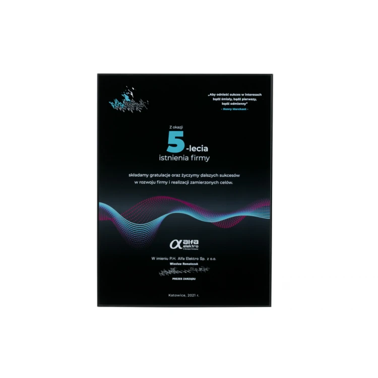 Dyplom szklany jubileuszowy exclusive black glass - wymiary: 400x300mm - DUV058