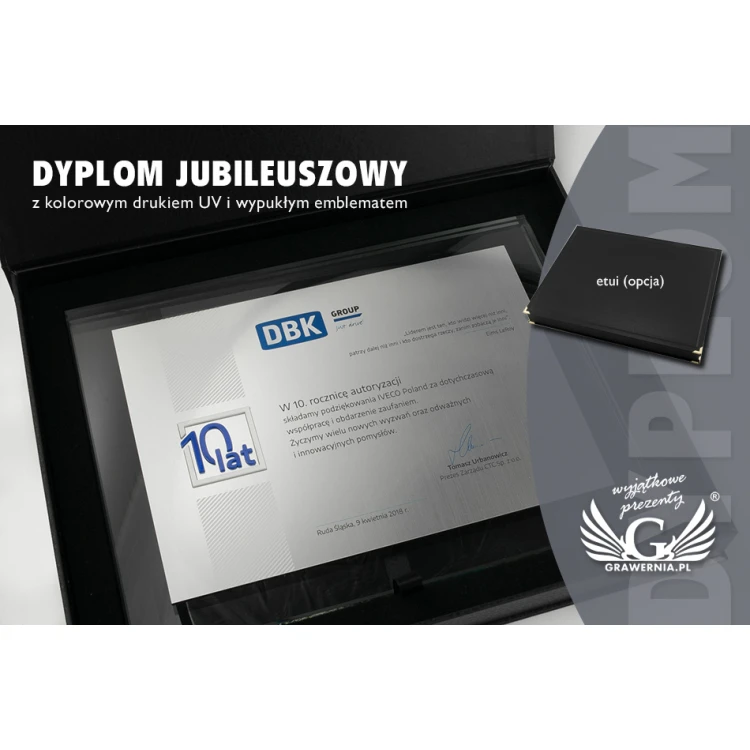 Dyplom jubileuszowy - poziomy - kolorowy druk UV i wypukły logotyp - DUV027