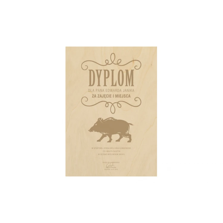 Dyplom łowiecki w drewnianej ramie - A4 - grawerowany laserem - NAT005