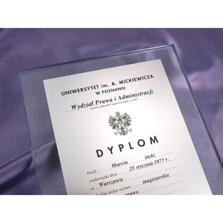 DYPLOM REPREZENTACYJNY UKOŃCZENIA STUDIÓW WYŻSZYCH WYKONANY ZE SZKŁA - DSZ023