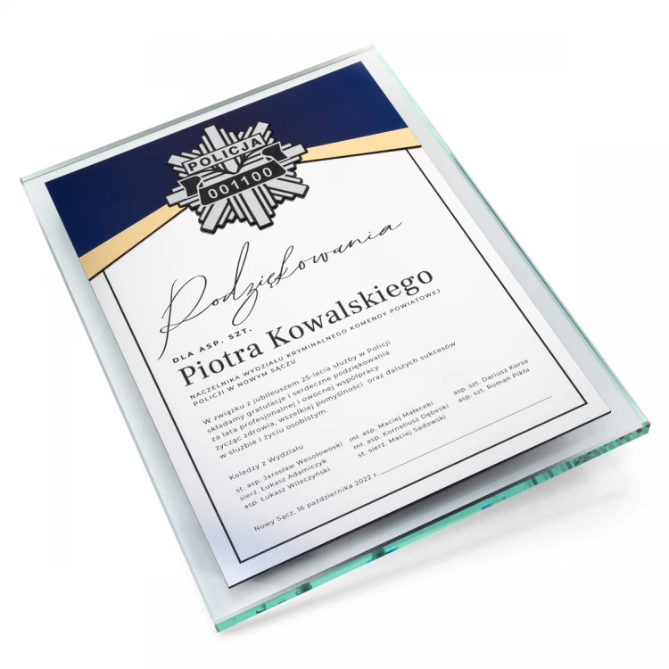 Dyplom szklany - 25 lecie służby w Policji - pionowy - druk UV i grawer - DUV089
