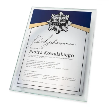 Dyplom szklany - 25 lecie służby w Policji - pionowy - druk UV i grawer - DUV089
