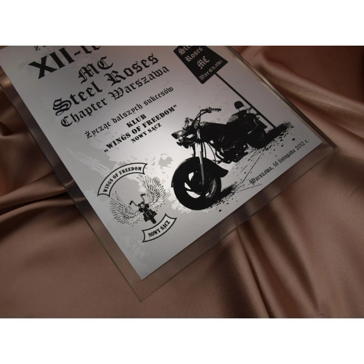 DYPLOM SZKLANY - dla klubu motocyklistów - DSZ018 - pionowy