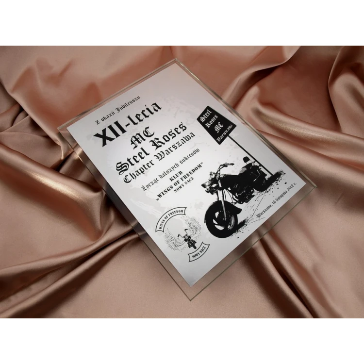 DYPLOM SZKLANY - dla klubu motocyklistów - DSZ018 - pionowy
