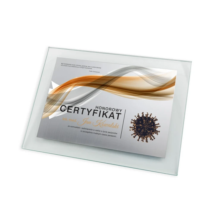 Certyfikat szklany dla lekarza - poziomy - kolorowy druk UV - DUV047
