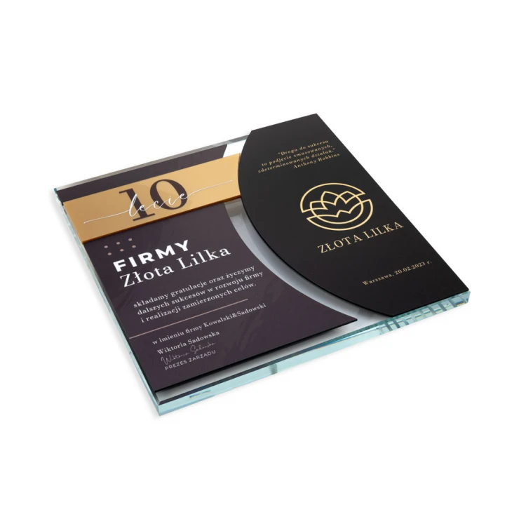 Dyplom szklany - Jubileusz firmy - kwadrat - kolorowy druk UV - DUV079