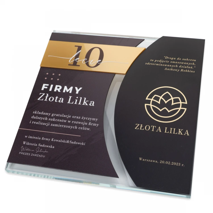 Dyplom szklany - Jubileusz firmy - kwadrat - kolorowy druk UV - DUV079