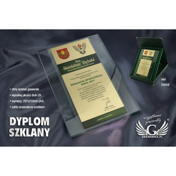 Dyplom szklany - podziękowanie za współprace - druk UV - DUV026