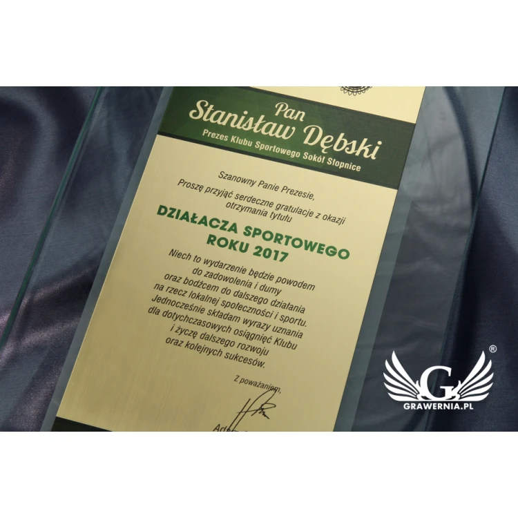 Dyplom szklany - podziękowanie za współprace - druk UV - DUV026