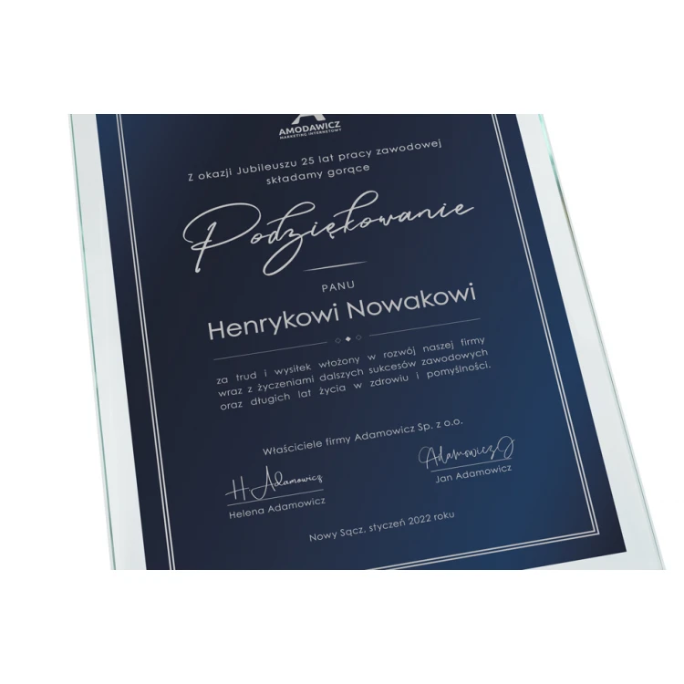 Dyplom szklany - Podziękowanie - pionowy - kolorowy druk UV - DUV068