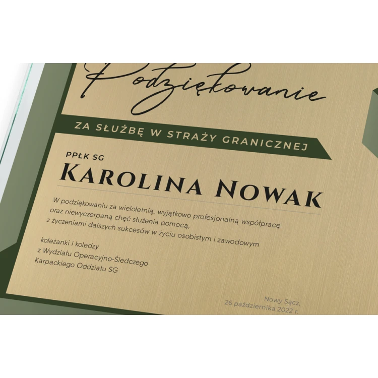 Dyplom szklany - Podziękowanie za służbę w Straży Granicznej - poziomy - kolorowy druk UV - DUV071