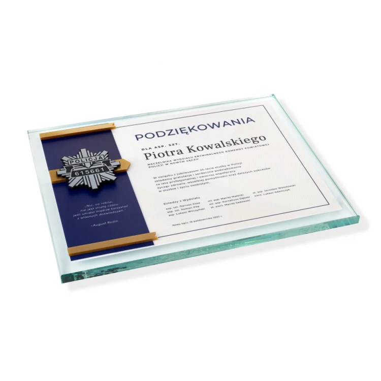 Dyplom szklany - Podziękowanie za pracę w Policji - poziomy - kolorowy druk UV - DUV074