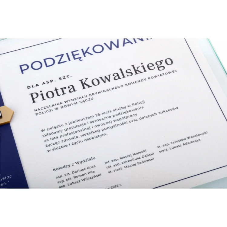 Dyplom szklany - Podziękowanie za pracę w Policji - poziomy - kolorowy druk UV - DUV074