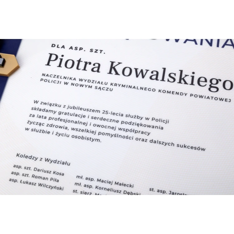 Dyplom szklany - Podziękowanie za pracę w Policji - poziomy - kolorowy druk UV - DUV074