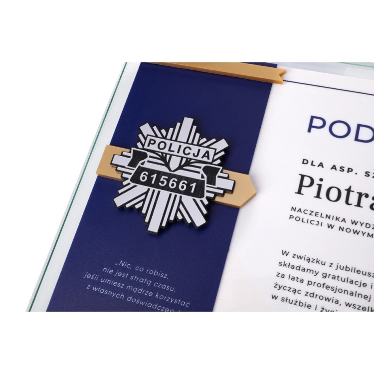 Dyplom szklany - Podziękowanie za pracę w Policji - poziomy - kolorowy druk UV - DUV074