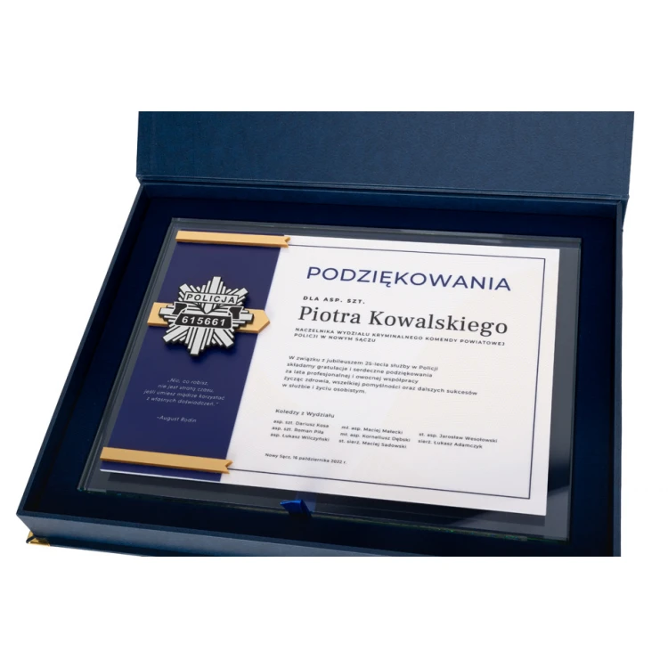Dyplom szklany - Podziękowanie za pracę w Policji - poziomy - kolorowy druk UV - DUV074
