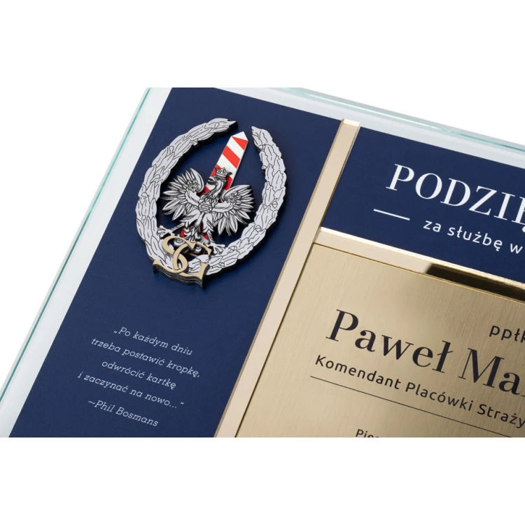 Dyplom szklany - Podziękowanie za pracę w Straży Granicznej - poziomy - kolorowy druk UV - DUV075