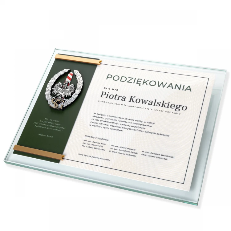 Dyplom szklany - Podziękowanie za pracę w Straży Granicznej - poziomy - kolorowy druk UV - DUV073