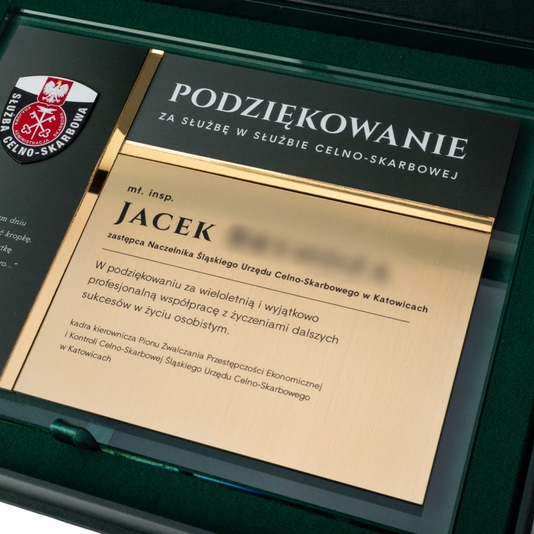 Dyplom szklany - Podziękowanie za pracę w Służbie Celno - Skarbowej - poziomy - kolorowy druk UV - DUV108