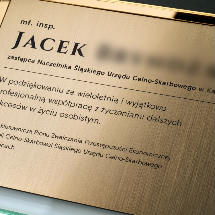 Dyplom szklany - Podziękowanie za pracę w Służbie Celno - Skarbowej - poziomy - kolorowy druk UV - DUV108