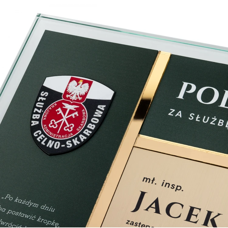 Dyplom szklany - Podziękowanie za pracę w Służbie Celno - Skarbowej - poziomy - kolorowy druk UV - DUV108