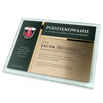 Dyplom szklany - Podziękowanie za pracę w Służbie Celno - Skarbowej - poziomy - kolorowy druk UV - DUV108