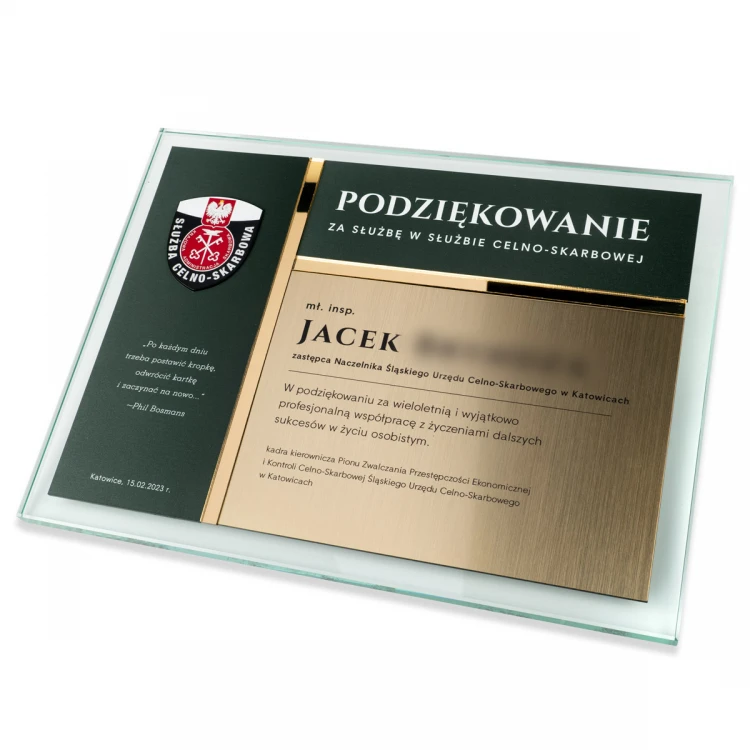 Dyplom szklany - Podziękowanie za pracę w Służbie Celno - Skarbowej - poziomy - kolorowy druk UV - DUV108