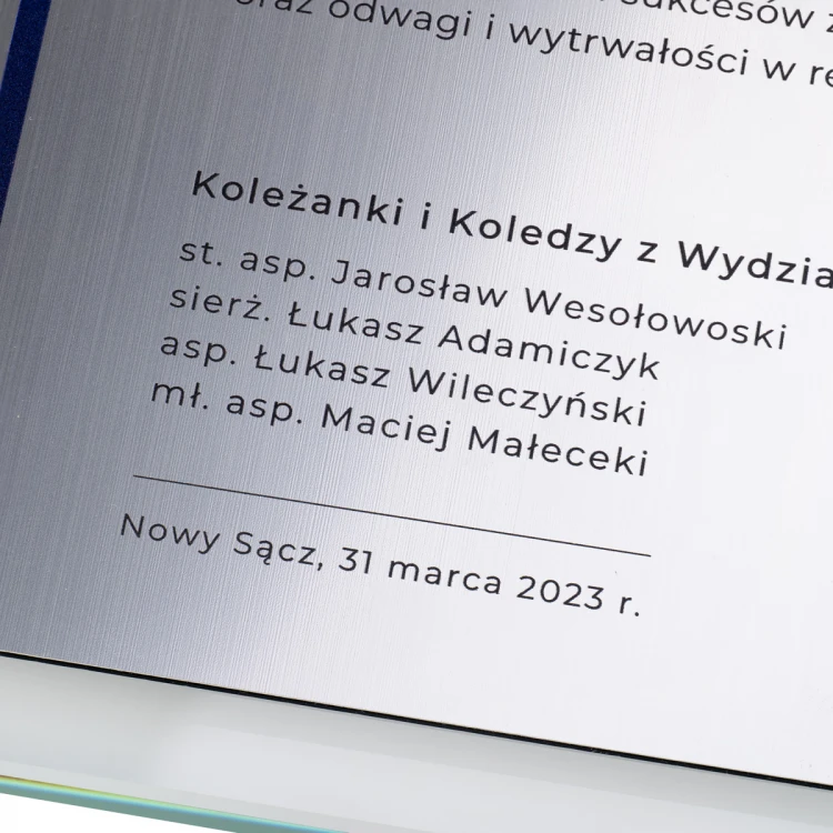 Dyplom szklany - podziękowanie za pracę w Policji - poziomy - druk UV i grawer - DUV090