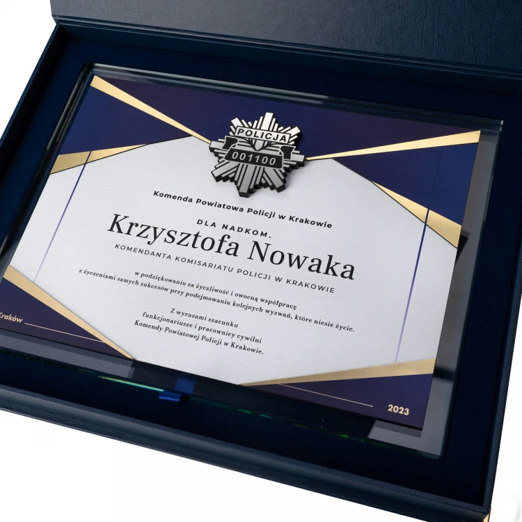Dyplom szklany - Podziękowanie za pracę w Policji - poziomy - kolorowy druk UV - DUV091
