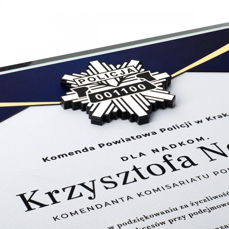 Dyplom szklany - Podziękowanie za pracę w Policji - poziomy - kolorowy druk UV - DUV091