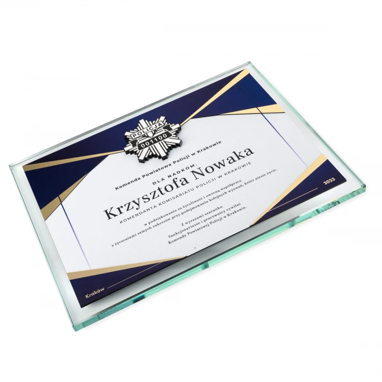 Dyplom szklany - Podziękowanie za pracę w Policji - poziomy - kolorowy druk UV - DUV091