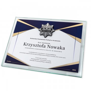 Dyplom szklany - Podziękowanie za pracę w Policji - poziomy - kolorowy druk UV - DUV091