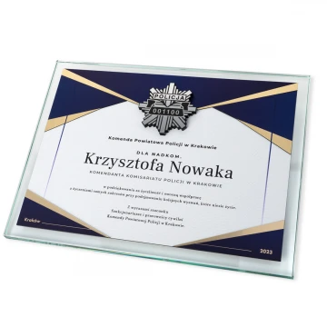Dyplom szklany - Podziękowanie za pracę w Policji - poziomy - kolorowy druk UV - DUV091