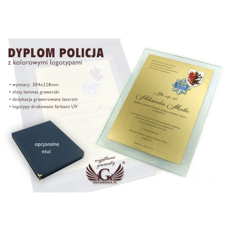 DYPLOM SZKLANY POLICJA - DSZ050 - pionowy - dwa kolorowe logotypy