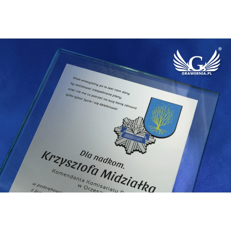 DYPLOM SZKLANY POLICJA - DSZ030 - pionowy - dwa kolorowe logotypy