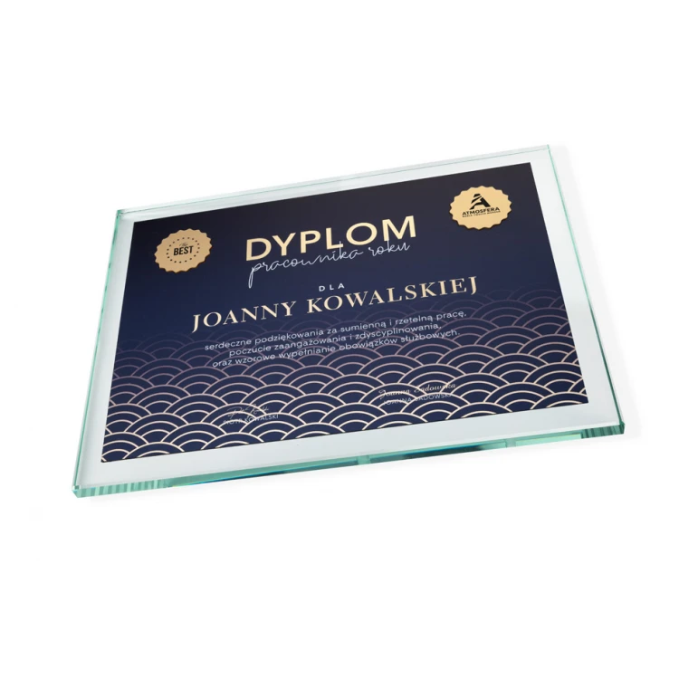 Dyplom szklany - Pracownik Roku - poziomy - kolorowy druk UV - DUV076