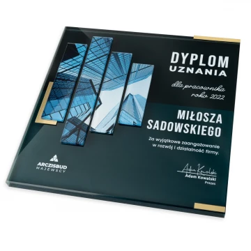Dyplom szklany - Pracownik roku - kwadrat - kolorowy druk UV - DUV083