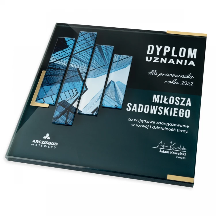 Dyplom szklany - Pracownik roku - kwadrat - kolorowy druk UV - DUV083