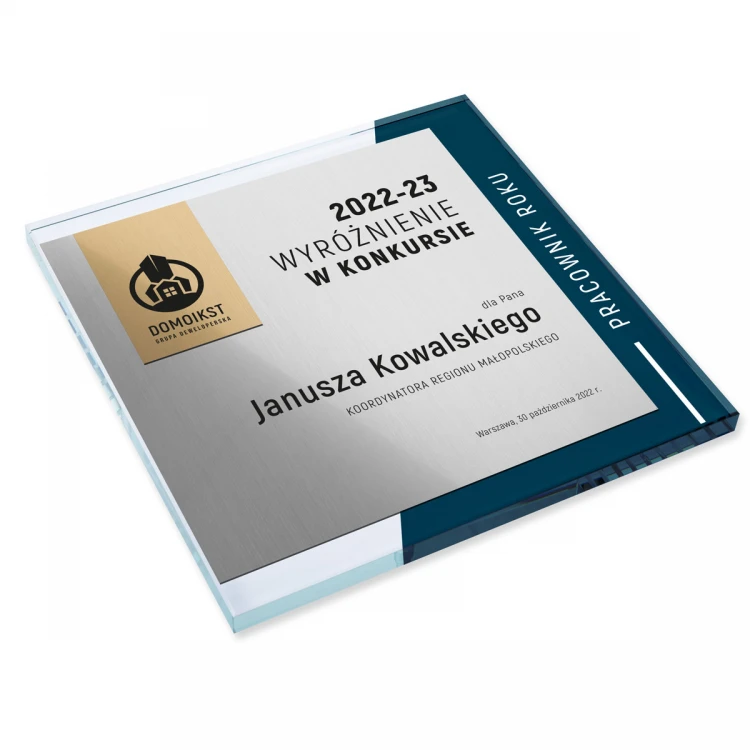 Dyplom szklany - Pracownik roku - kwadrat - kolorowy druk UV - DUV088