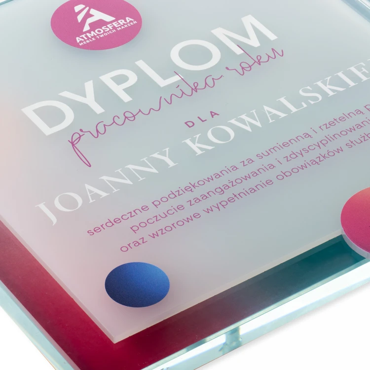 Dyplom szklany - Pracownik roku - kwadrat - kolorowy druk UV - DUV094
