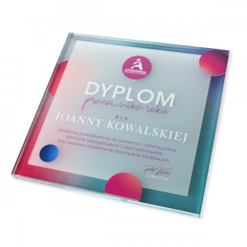 Dyplom szklany - Pracownik roku - kwadrat - kolorowy druk UV - DUV094